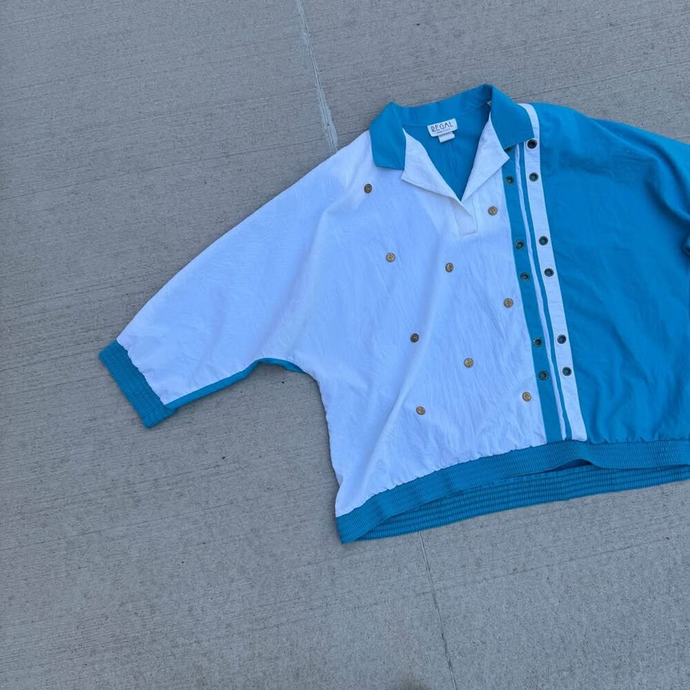 Vintage 80s Nautical Colorblock Top Teal White Plus Size 2X